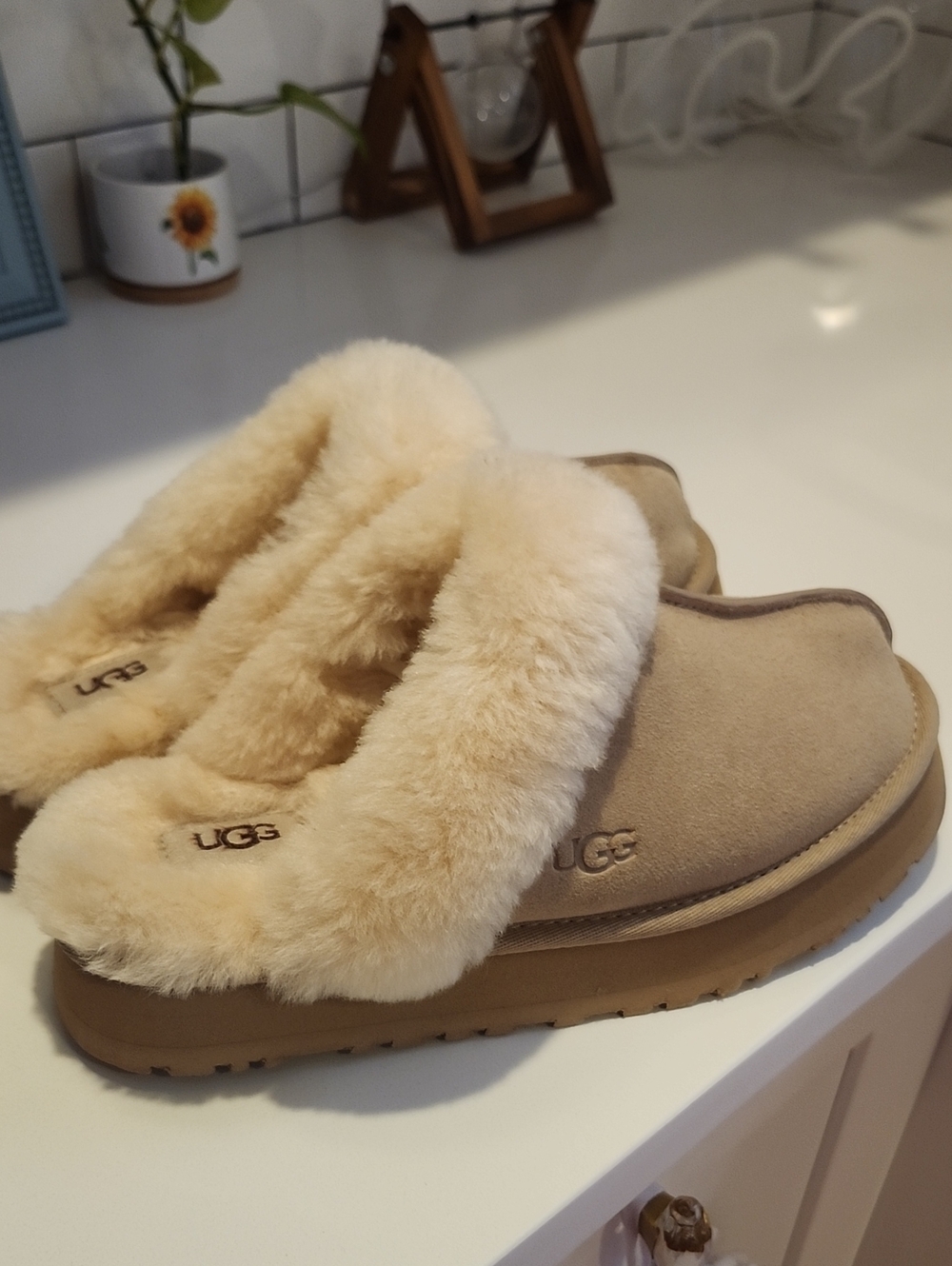 UGG Women's Tan Suede Shearling-Lined Slip-On Slippers
